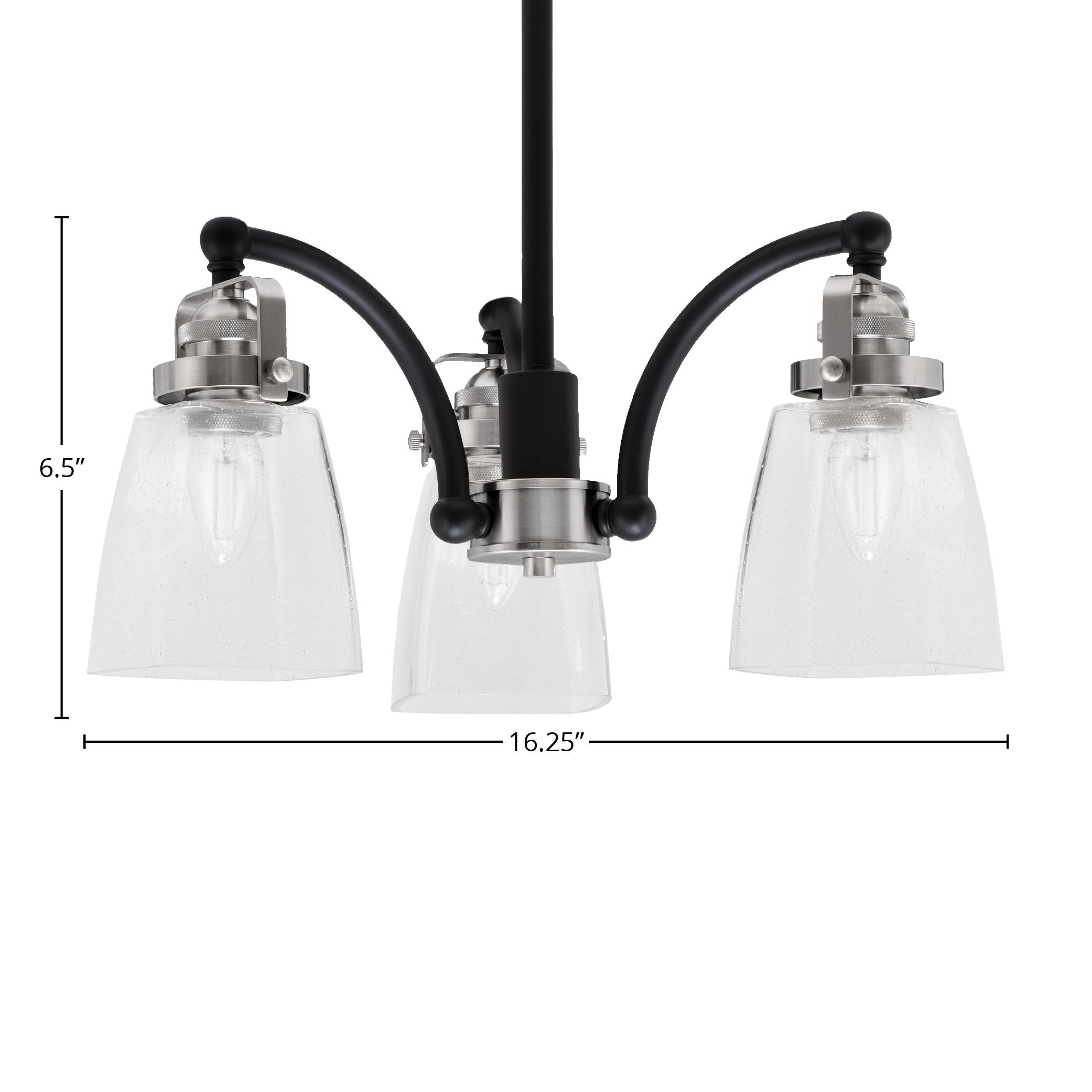 Easton Three Light Chandelier in Matte Black & Brushed Nickel with 4.5" Square Clear Bubble Shade