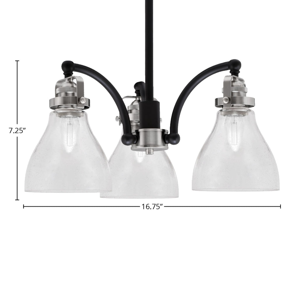 Easton Three Light Chandelier in Matte Black & Brushed Nickel with 25" Clear Bubble Shade