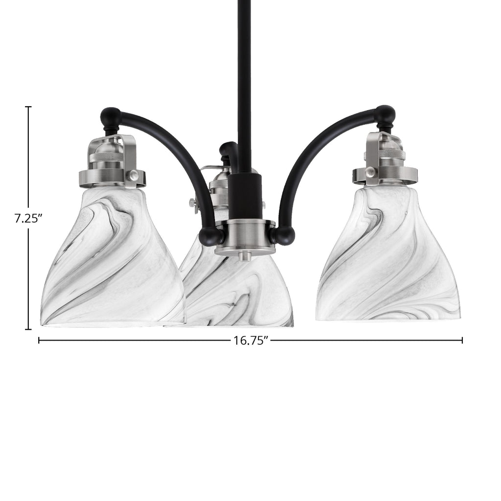 Easton Three Light Chandelier in Matte Black & Brushed Nickel with 25" Onyx Swirl Shade