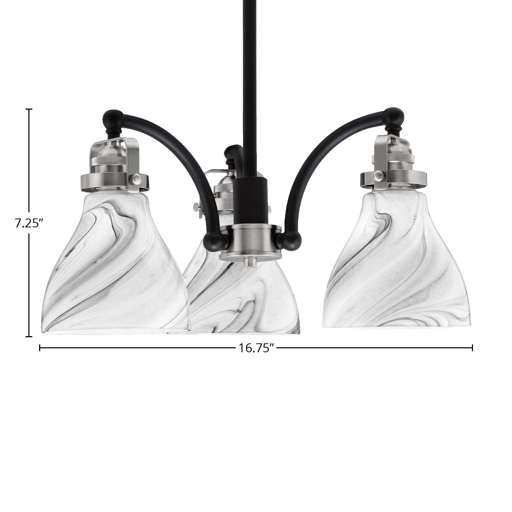 Easton Three Light Chandelier in Matte Black & Brushed Nickel with 25" Onyx Swirl Shade
