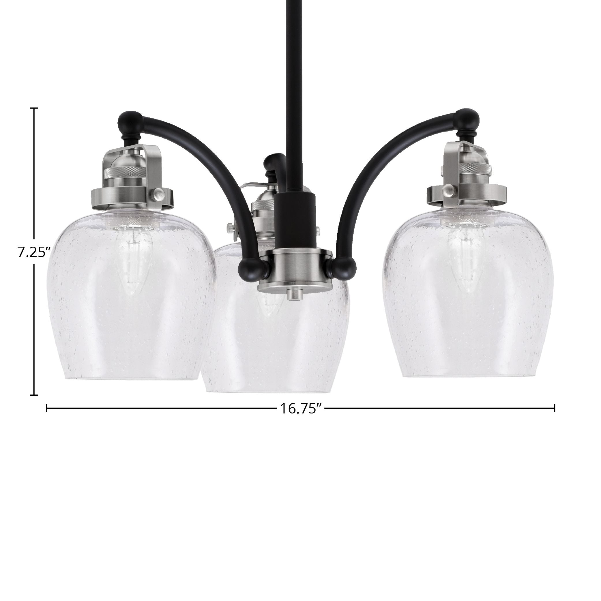 Easton Three Light Chandelier in Matte Black & Brushed Nickel with 6" Clear Bubble Shade