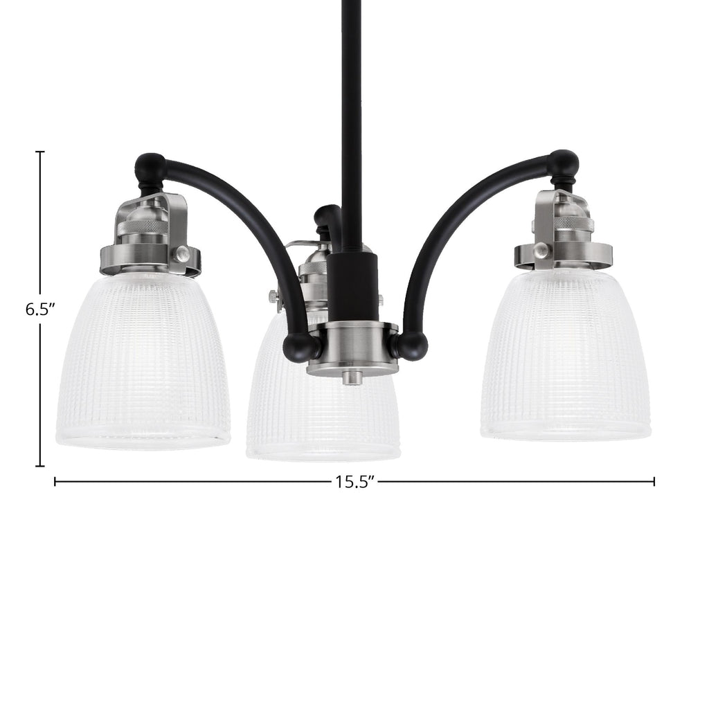 Easton Three Light Chandelier in Matte Black & Brushed Nickel with 5" Clear Ribbed Shade