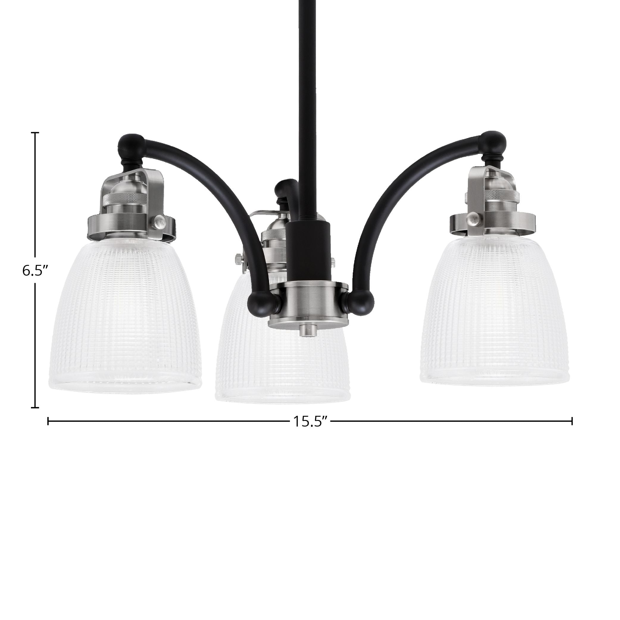 Easton Three Light Chandelier in Matte Black & Brushed Nickel with 5" Clear Ribbed Shade