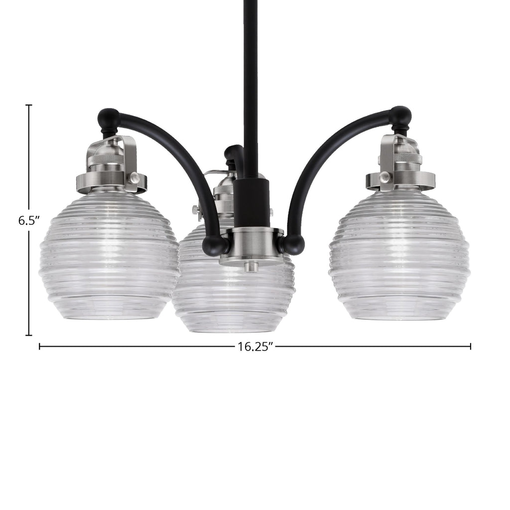 Easton Three Light Chandelier in Matte Black & Brushed Nickel with 6" Clear Ribbed Shade