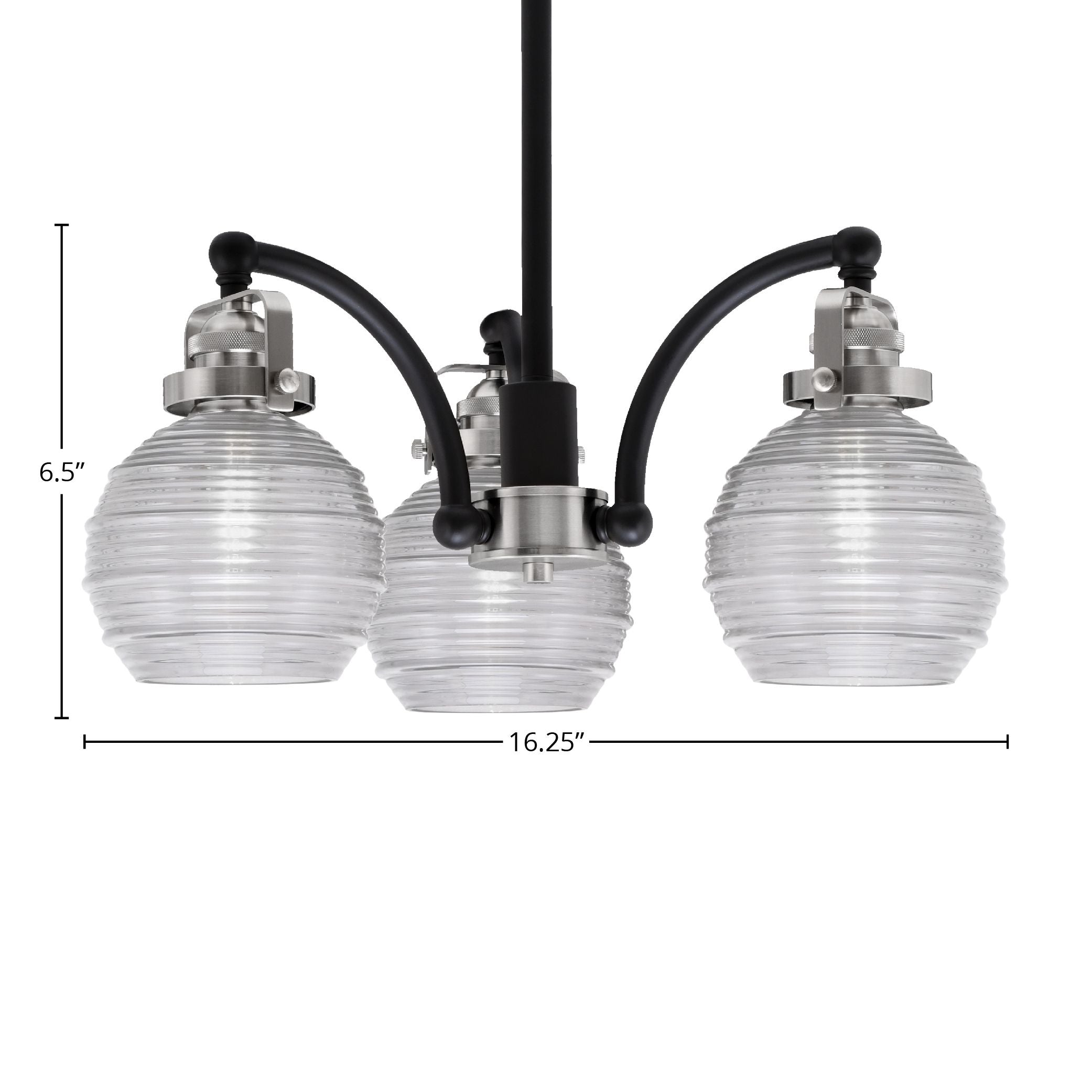 Easton Three Light Chandelier in Matte Black & Brushed Nickel with 6" Clear Ribbed Shade