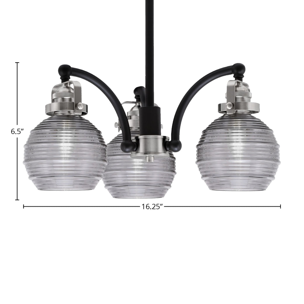 Easton Three Light Chandelier in Matte Black & Brushed Nickel with 6" Smoke Ribbed Shade
