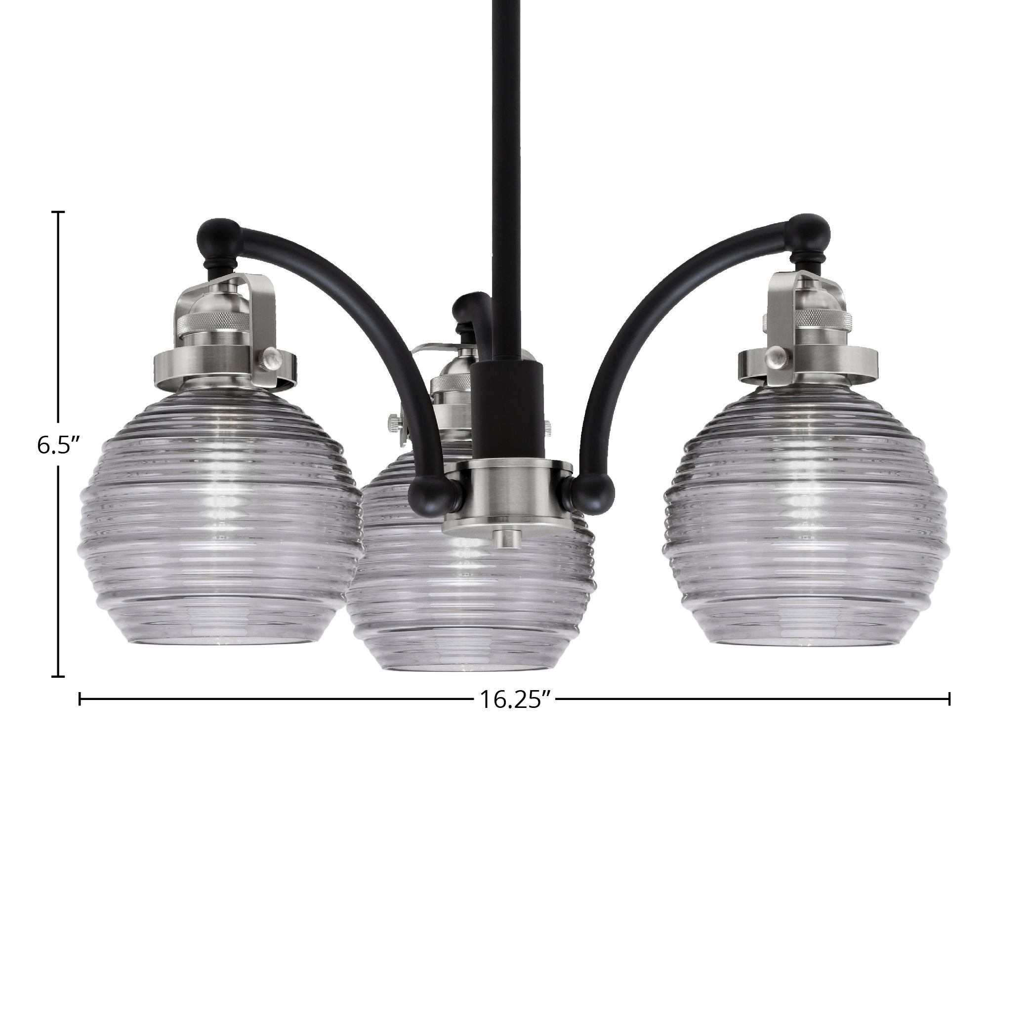 Easton Three Light Chandelier in Matte Black & Brushed Nickel with 6" Smoke Ribbed Shade