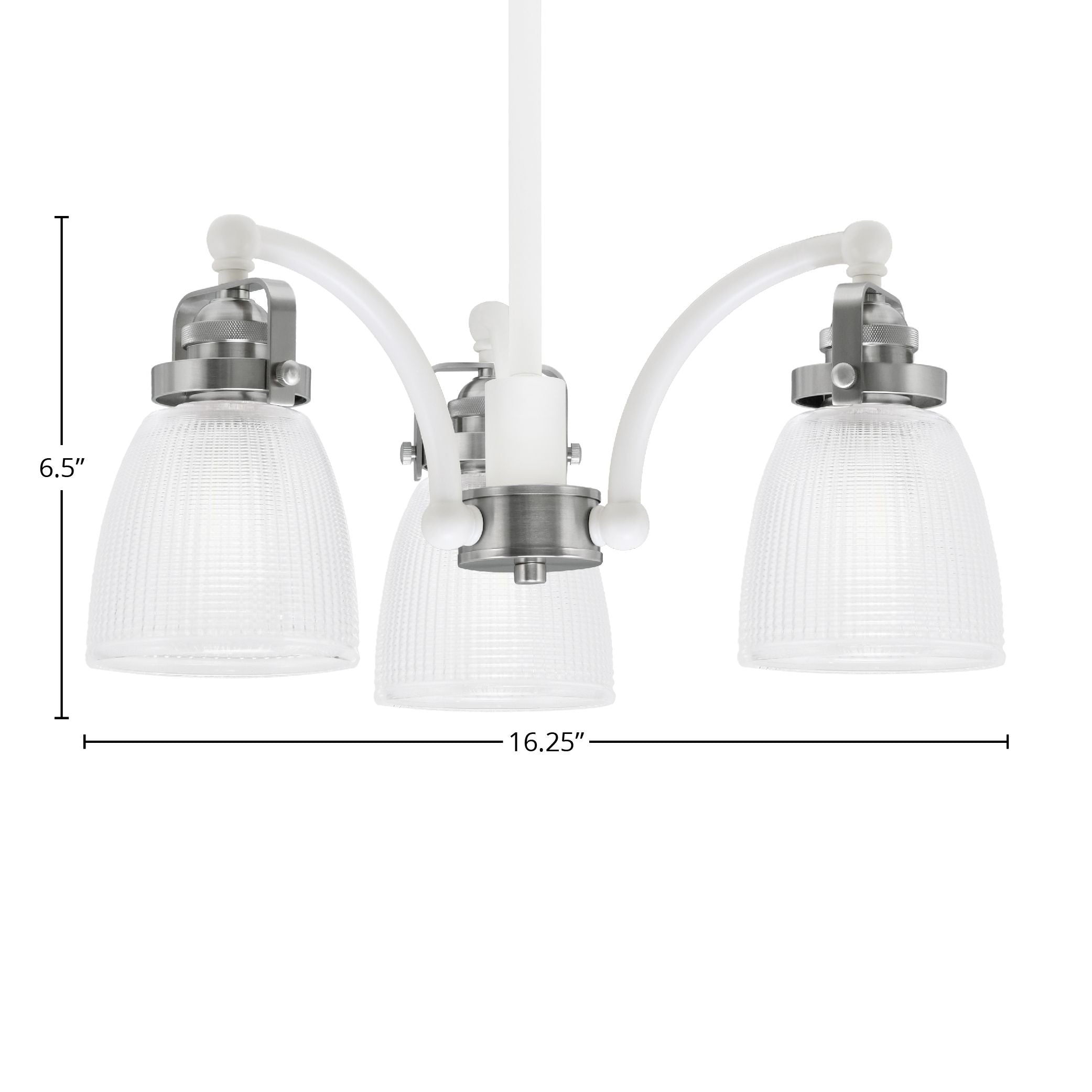 Easton Three Light Chandelier in White & Brushed Nickel with 5" Clear Ribbed Shade
