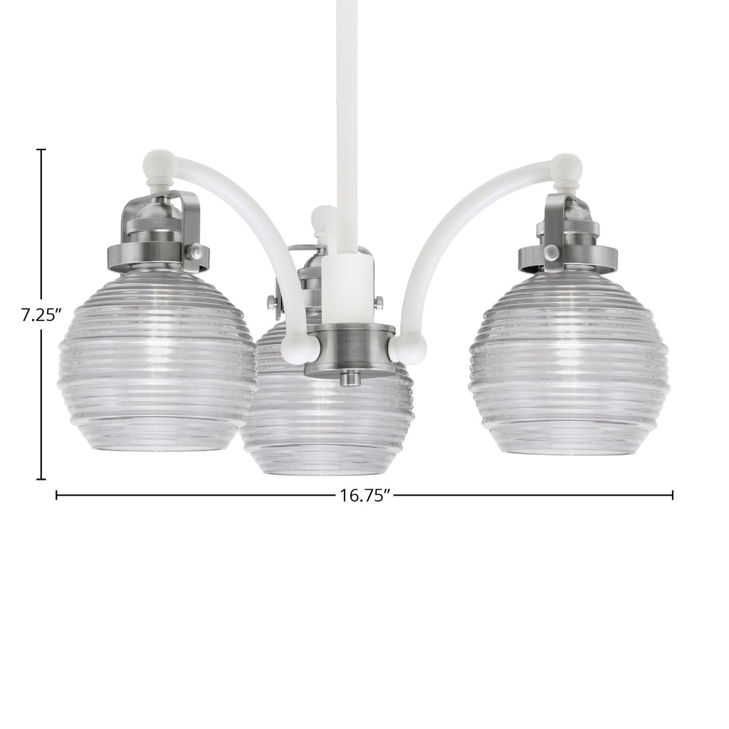 Easton Three Light Chandelier in White & Brushed Nickel with 6" Clear Ribbed Shade