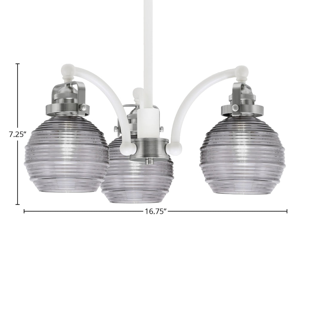 Easton Three Light Chandelier in White & Brushed Nickel with 6" Smoke Ribbed Shade