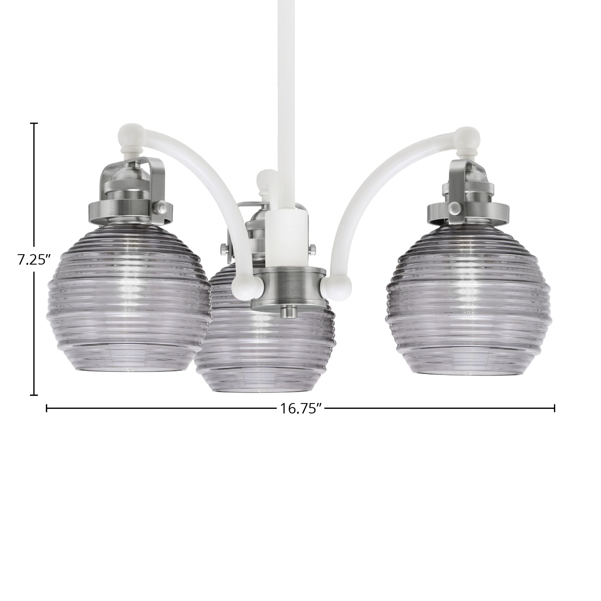 Easton Three Light Chandelier in White & Brushed Nickel with 6" Smoke Ribbed Shade