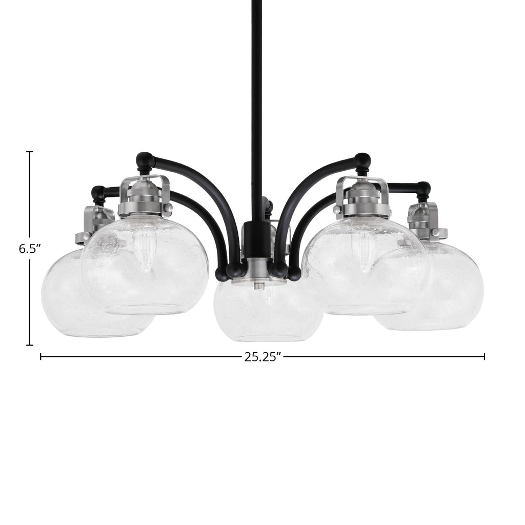 Easton Five Light Chandelier in Matte Black & Brushed Nickel with 7" Clear Bubble Shade
