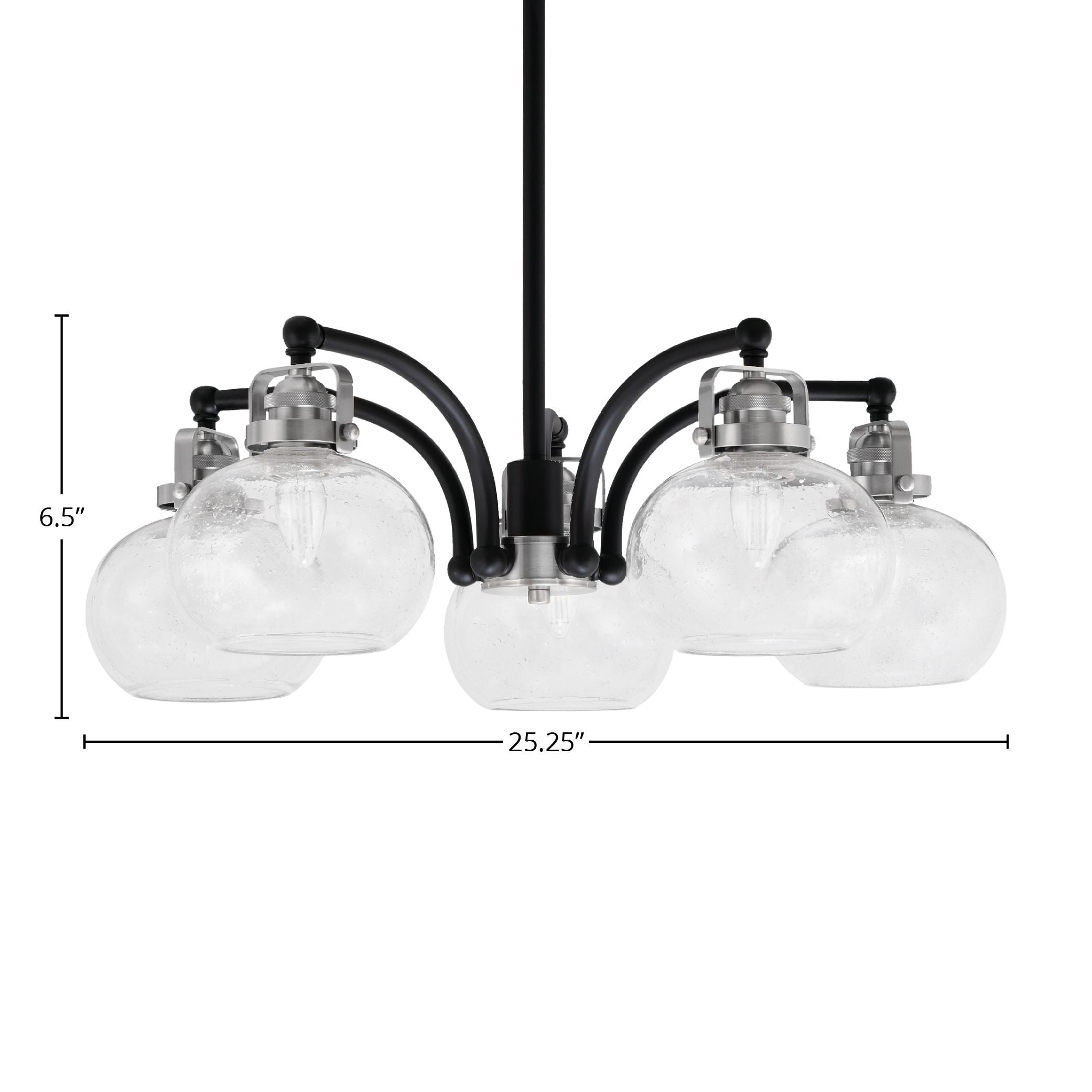 Easton Five Light Chandelier in Matte Black & Brushed Nickel with 7" Clear Bubble Shade