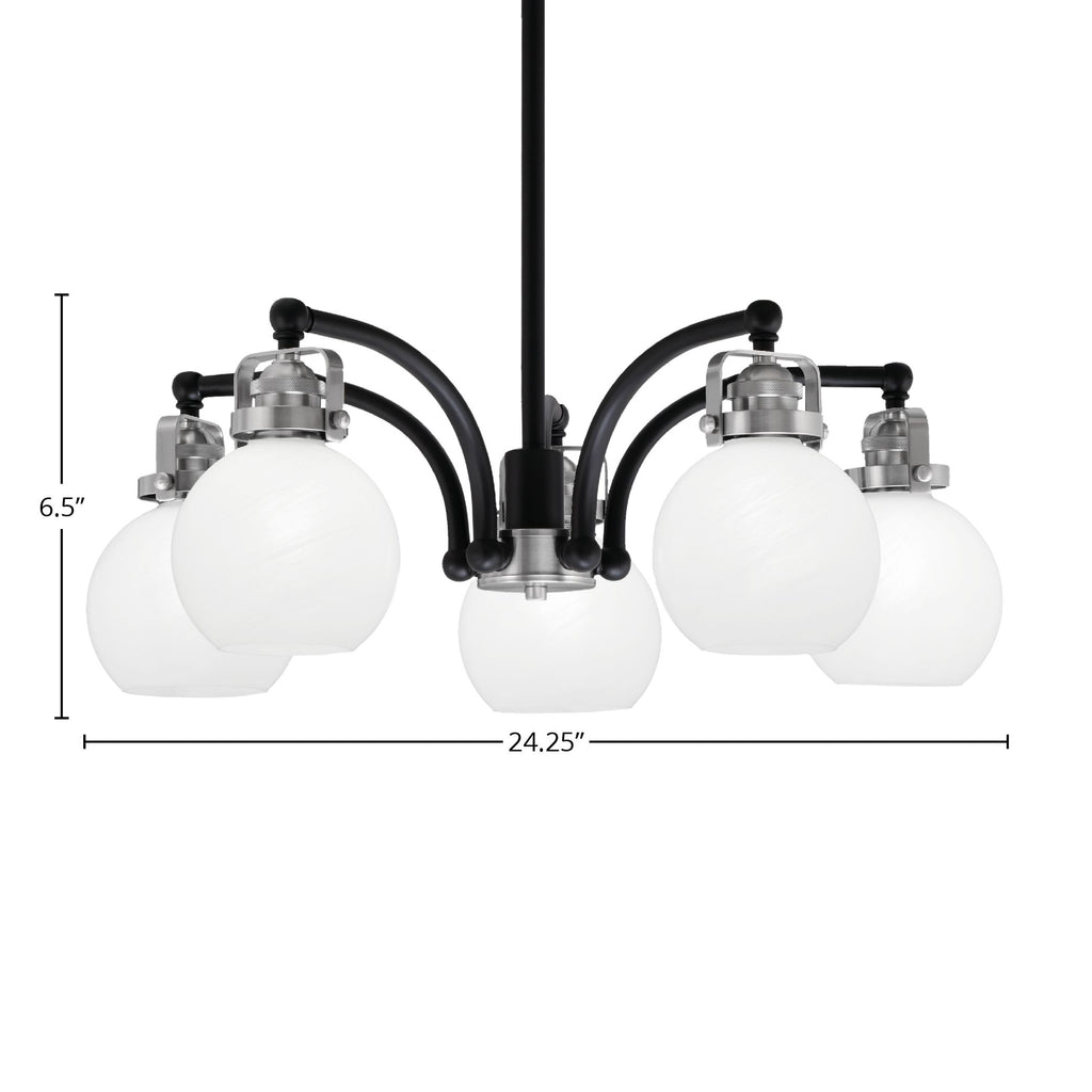 Easton Five Light Chandelier in Matte Black & Brushed Nickel with 7.5" White Marble Shade