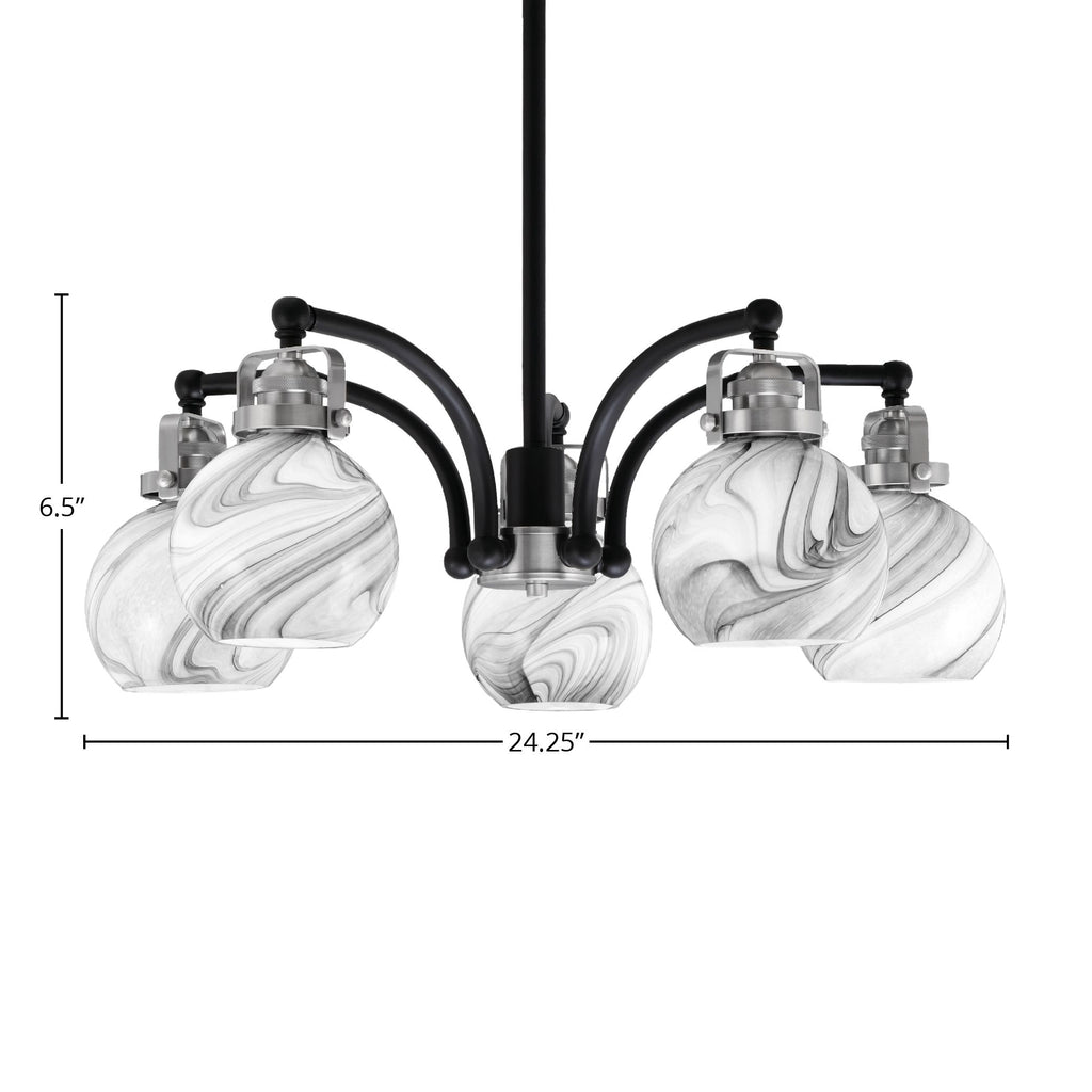 Easton Five Light Chandelier in Matte Black & Brushed Nickel with 7.5" Onyx Swirl Shade
