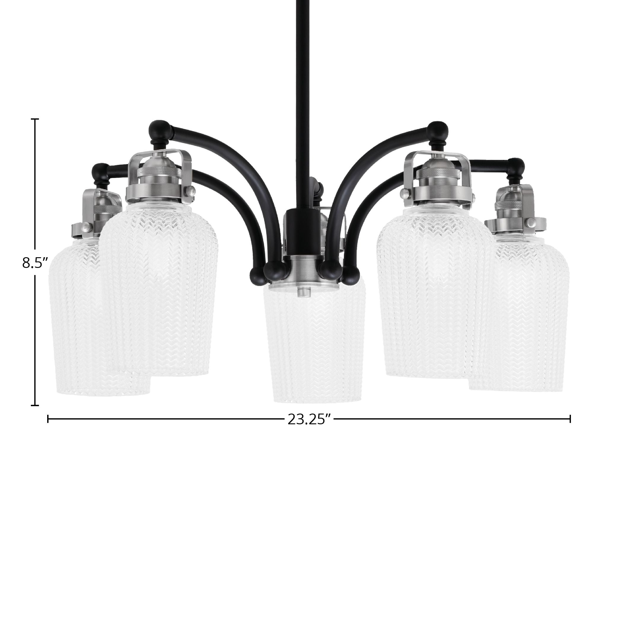 Easton Five Light Chandelier in Matte Black & Brushed Nickel with 5" Clear Textured Shade