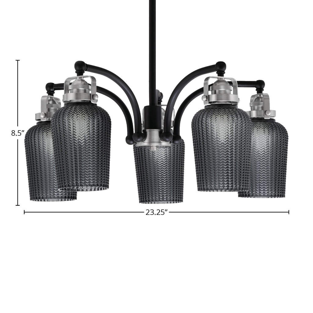 Easton Five Light Chandelier in Matte Black & Brushed Nickel with 5" Smoke Textured Shade