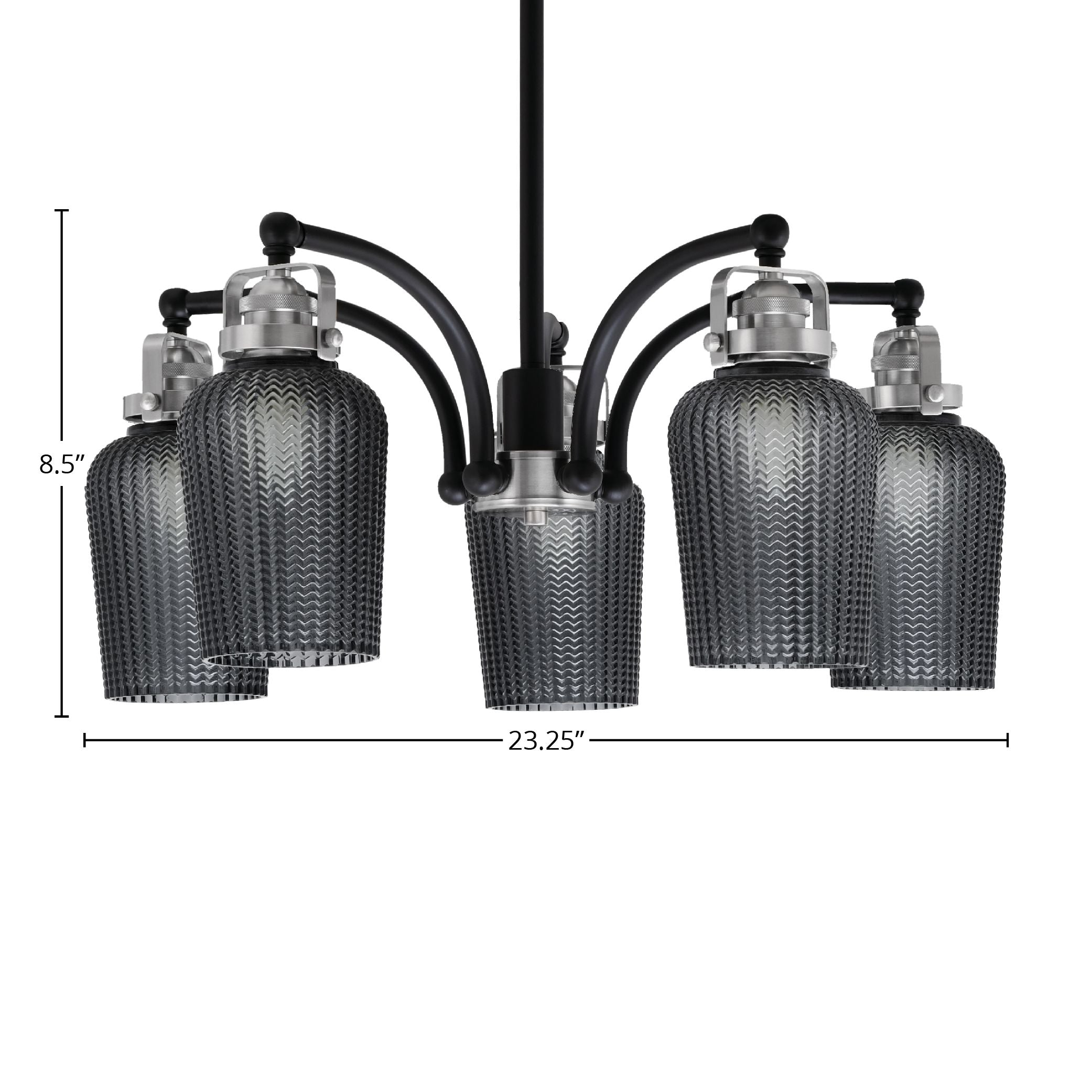 Easton Five Light Chandelier in Matte Black & Brushed Nickel with 5" Smoke Textured Shade