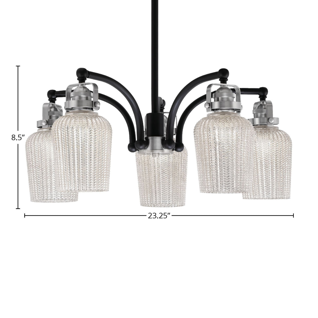 Easton Five Light Chandelier in Matte Black & Brushed Nickel with 5" Silver Textured Shade