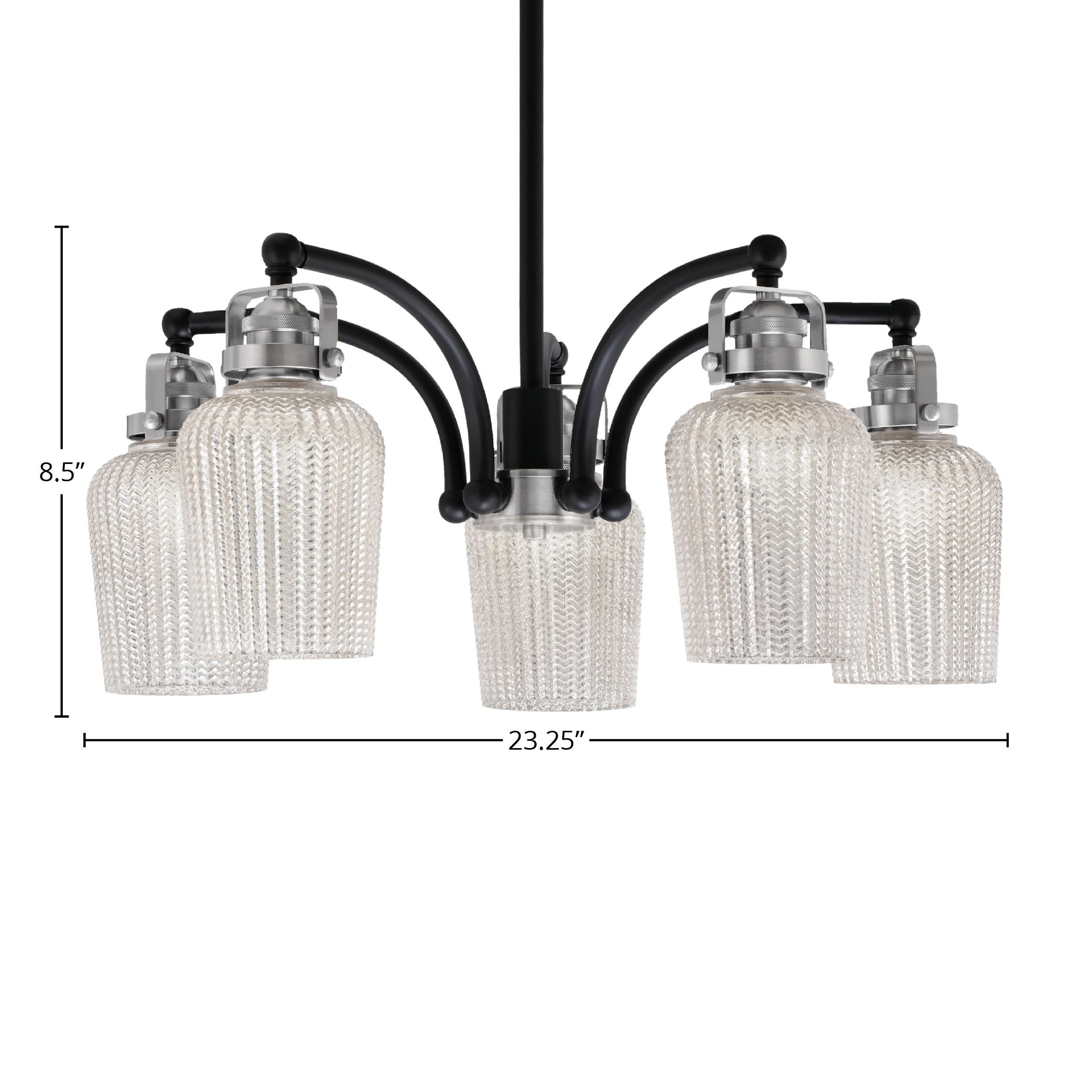 Easton Five Light Chandelier in Matte Black & Brushed Nickel with 5" Silver Textured Shade