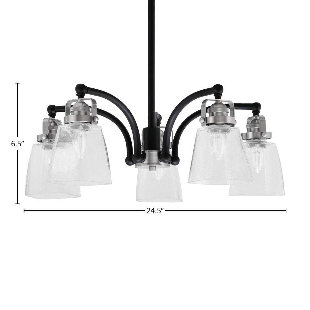 Easton Five Light Chandelier in Matte Black & Brushed Nickel with 4.5" Square Clear Bubble Shade