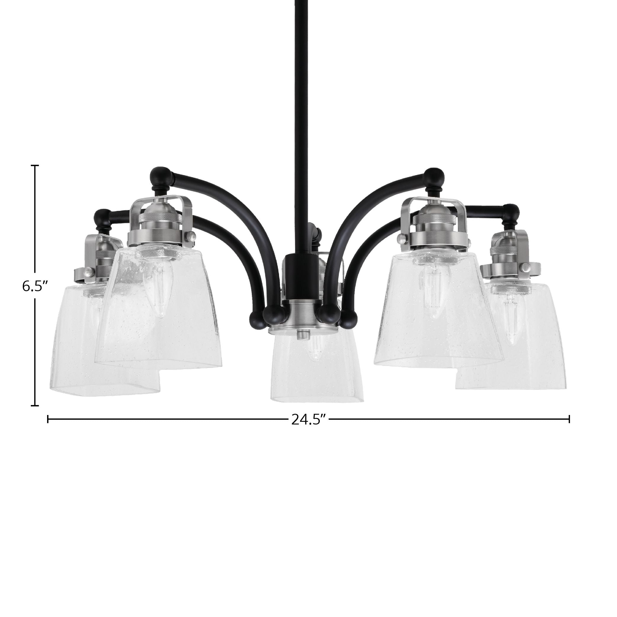 Easton Five Light Chandelier in Matte Black & Brushed Nickel with 4.5" Square Clear Bubble Shade