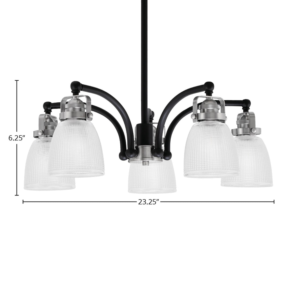Easton Five Light Chandelier in Matte Black & Brushed Nickel with 5" Clear Ribbed Shade