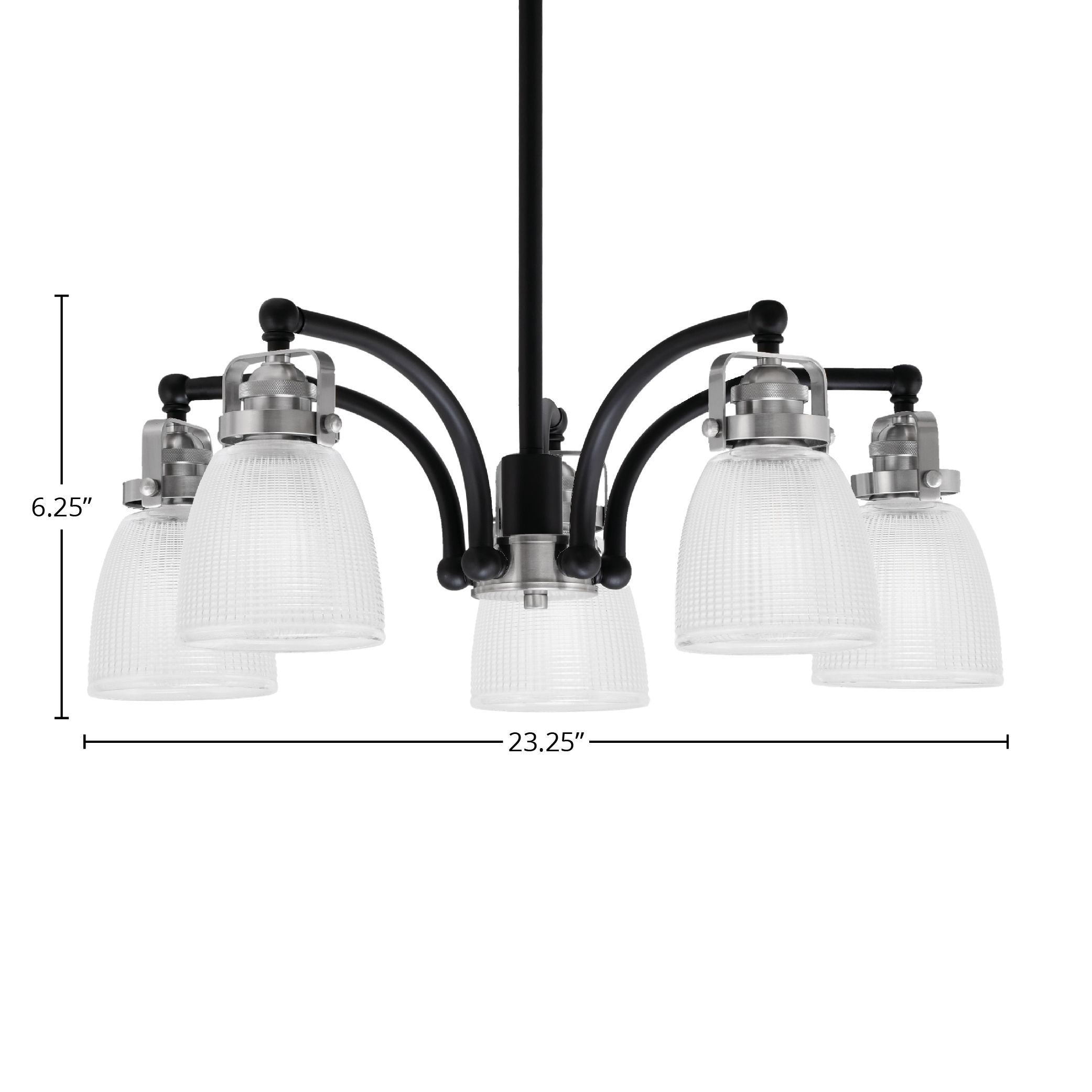 Easton Five Light Chandelier in Matte Black & Brushed Nickel with 5" Clear Ribbed Shade