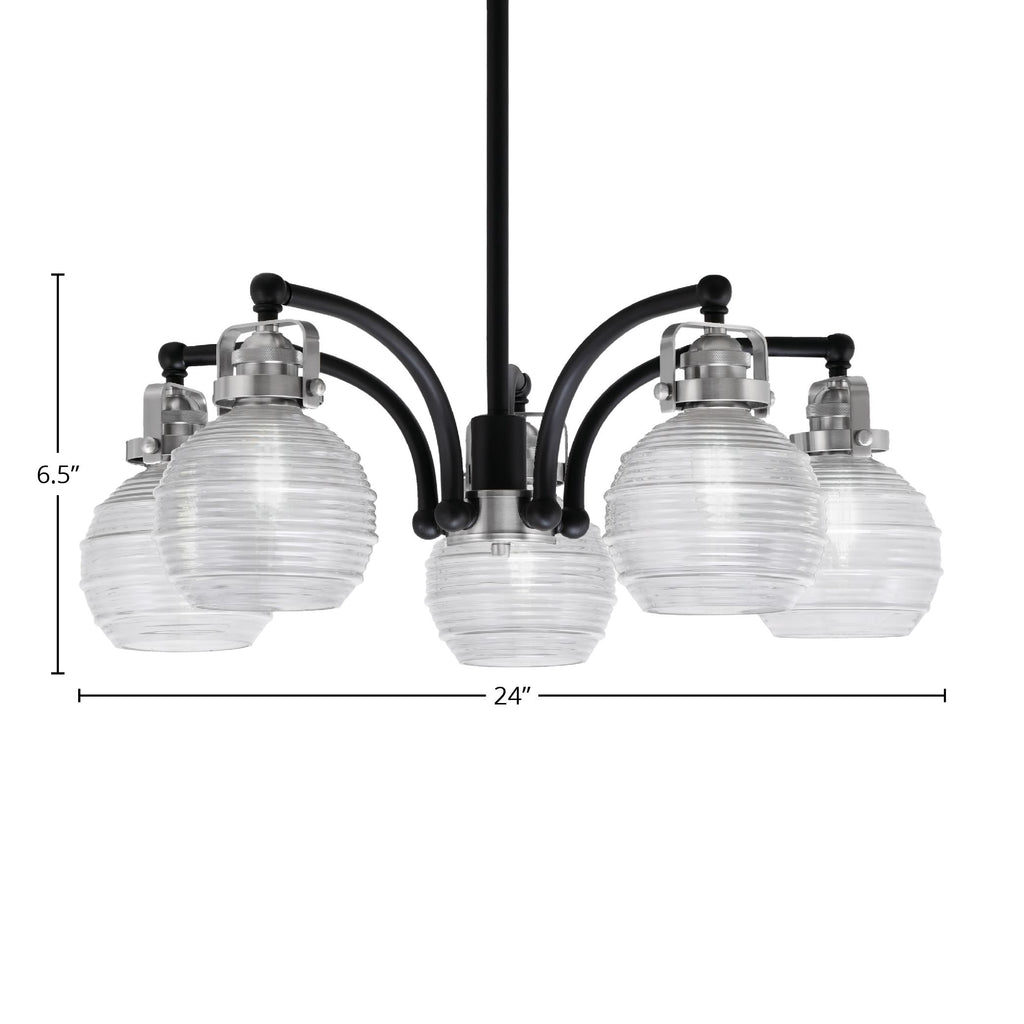 Easton Five Light Chandelier in Matte Black & Brushed Nickel with 6" Clear Ribbed Shade