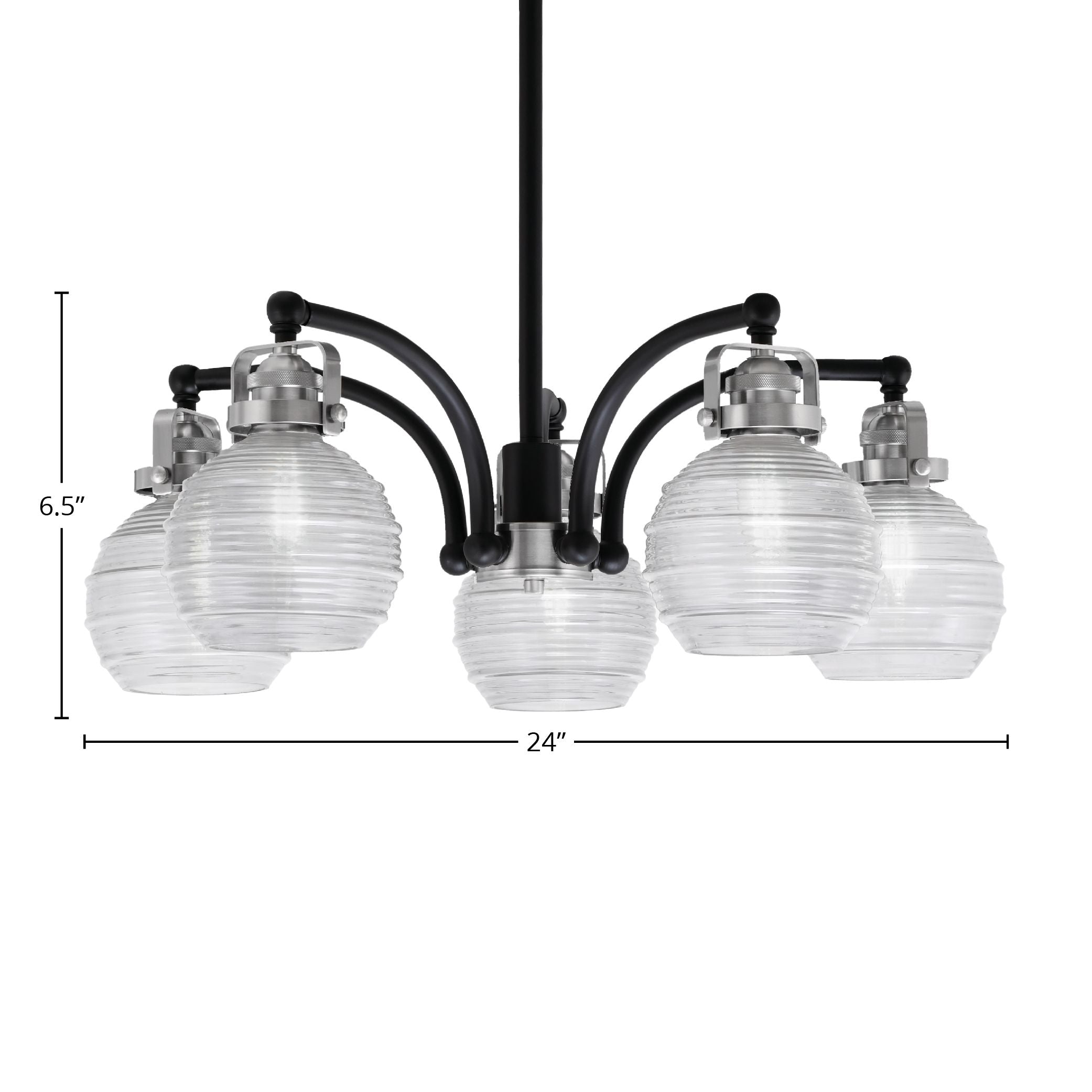 Easton Five Light Chandelier in Matte Black & Brushed Nickel with 6" Clear Ribbed Shade