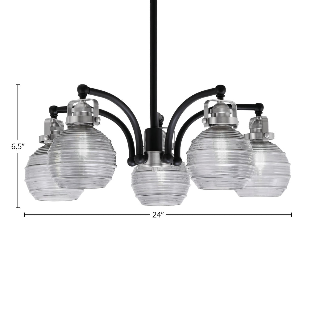 Easton Five Light Chandelier in Matte Black & Brushed Nickel with 6" Smoke Ribbed Shade