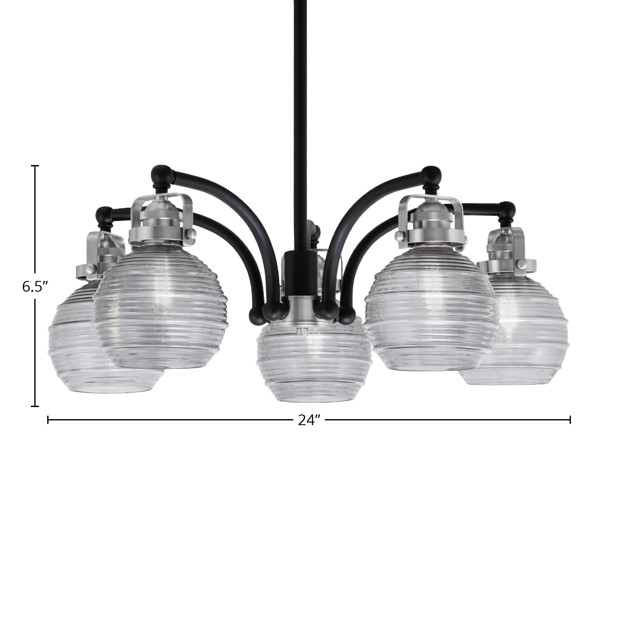 Easton Five Light Chandelier in Matte Black & Brushed Nickel with 6" Smoke Ribbed Shade