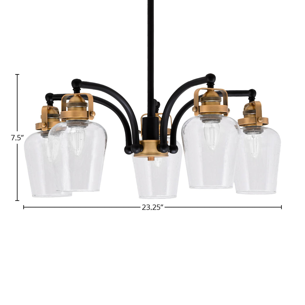 Easton Five Light Chandelier in Matte Black & Brass with 5" Clear Bubble Shade
