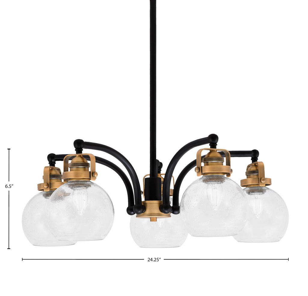 Easton Five Light Chandelier in Matte Black & Brass with 75" Clear Bubble Shade