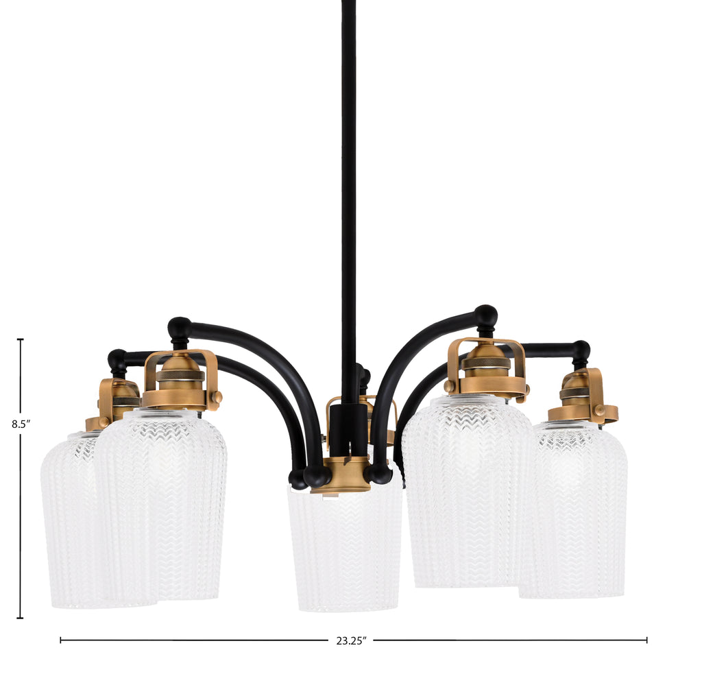 Easton Five Light Chandelier in Matte Black & Brass with 5" Clear Textured Shade