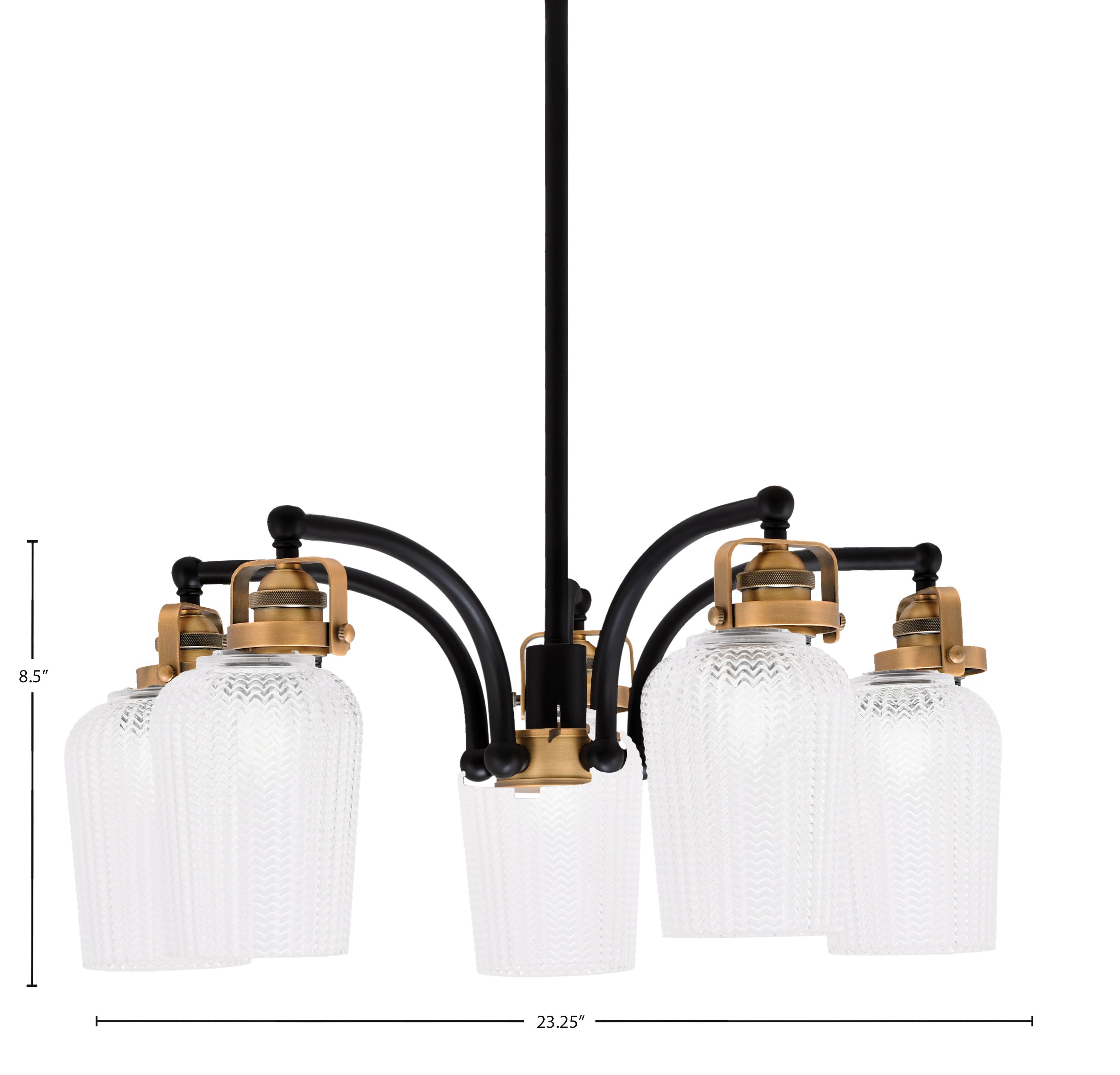 Easton Five Light Chandelier in Matte Black & Brass with 5" Clear Textured Shade