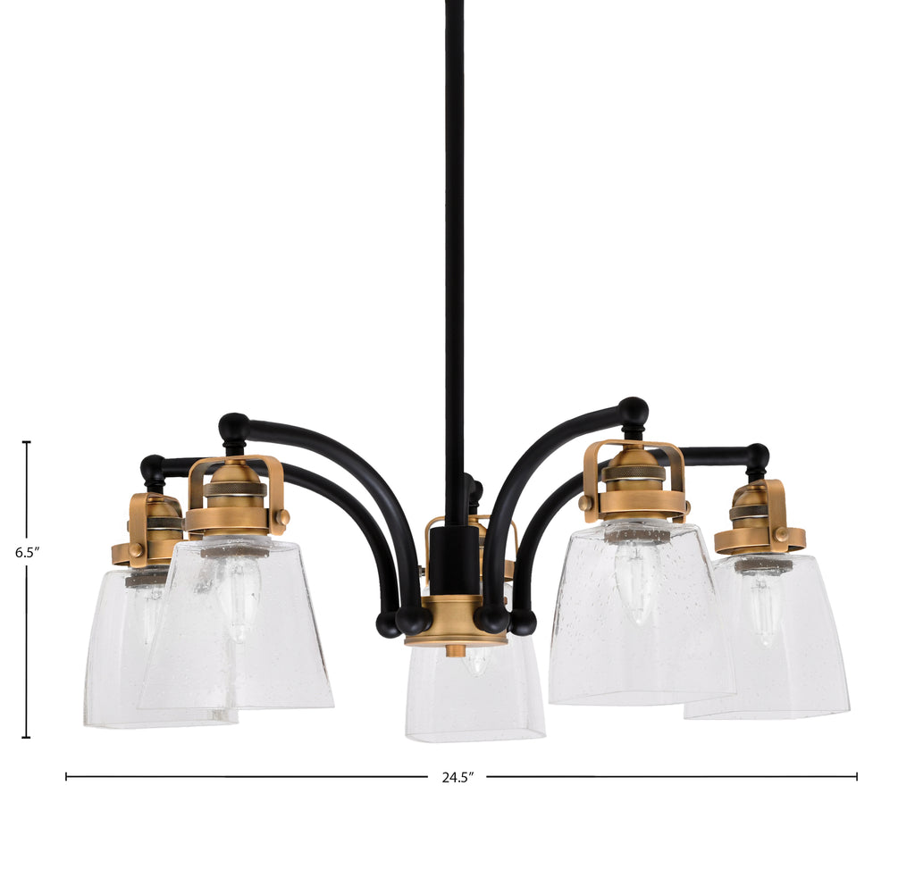 Easton Five Light Chandelier in Matte Black & Brass with 4.5" Square Clear Bubble Shade
