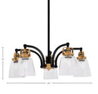Easton Five Light Chandelier in Matte Black & Brass with 4.5" Square Clear Bubble Shade