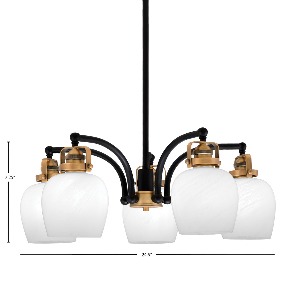 Easton Five Light Chandelier in Matte Black & Brass with 6" White Marble Shade