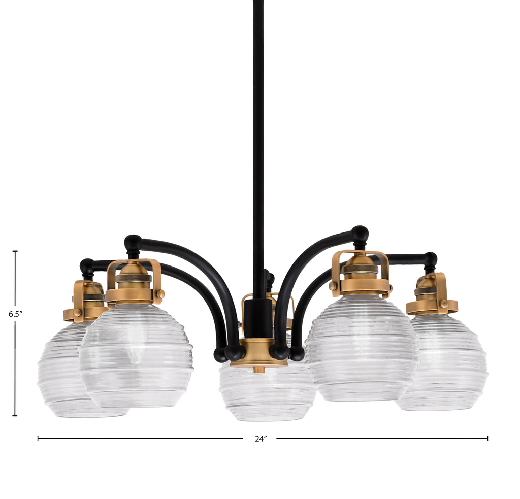 Easton Five Light Chandelier in Matte Black & Brass with 6" Clear Ribbed Shade