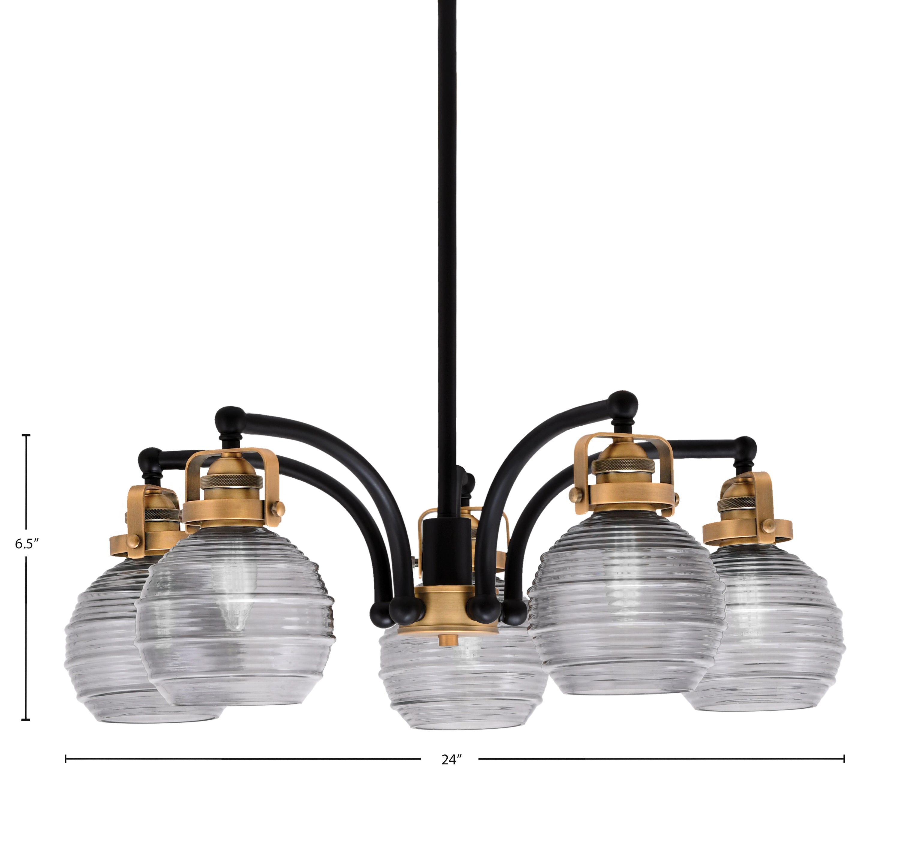Easton Five Light Chandelier in Matte Black & Brass with 6" Smoke Ribbed Shade