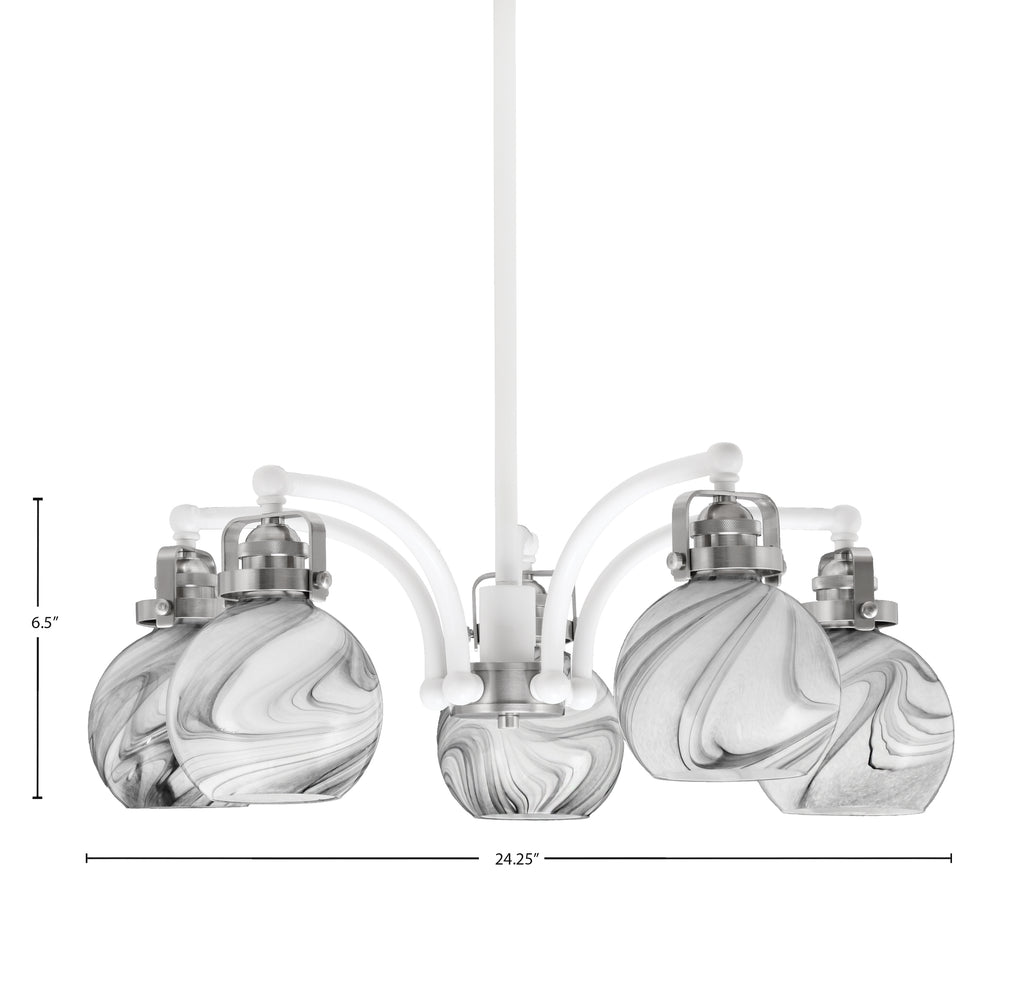 Easton Five Light Chandelier in White & Brushed Nickel with 75" Onyx Swirl Shade