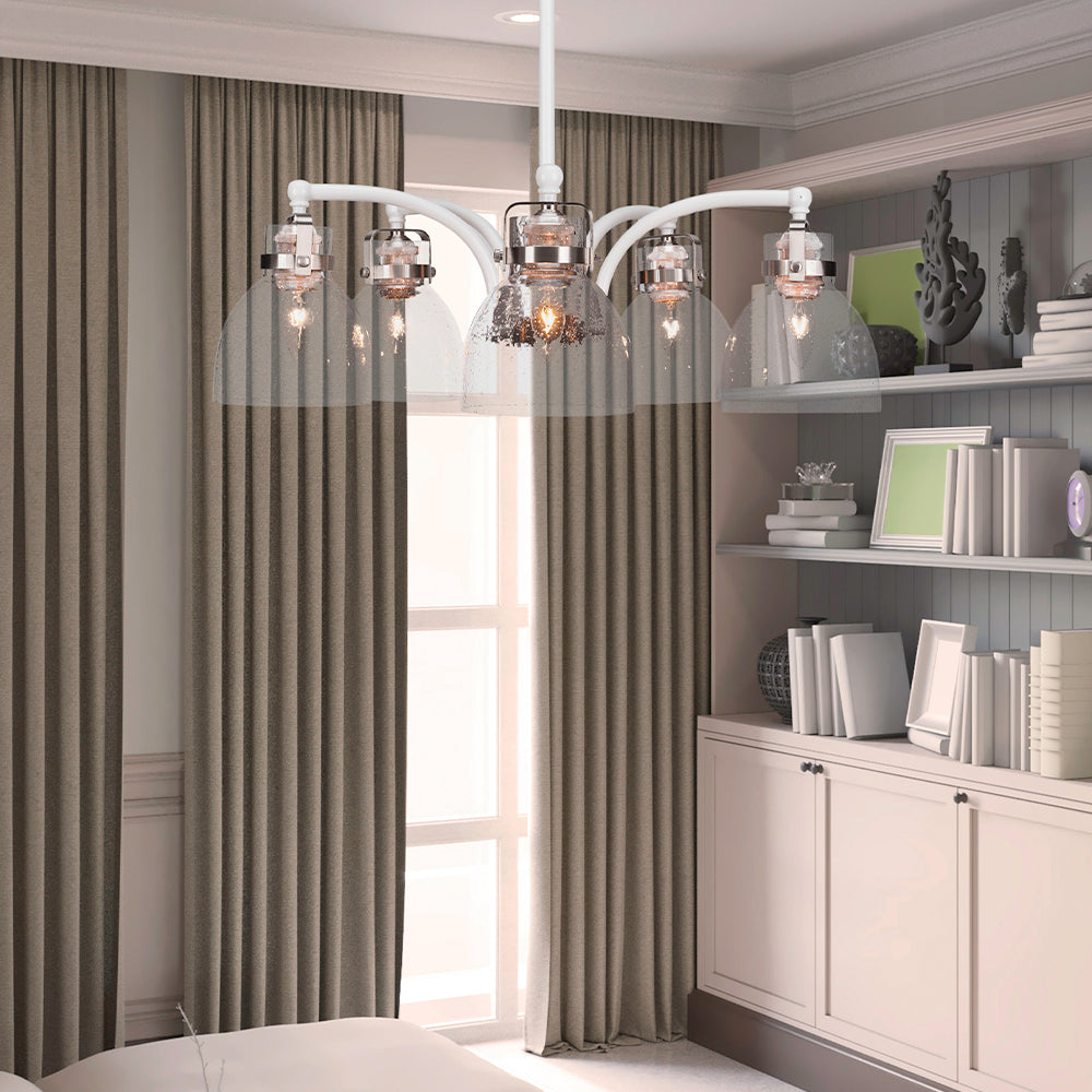 Easton Five Light Chandelier in White & Brushed Nickel with 6" Clear Bubble Shade