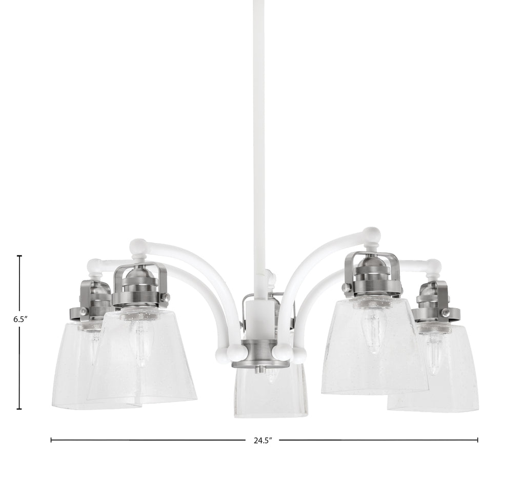 Easton Five Light Chandelier in White & Brushed Nickel with 4.5" Square Clear Bubble Shade