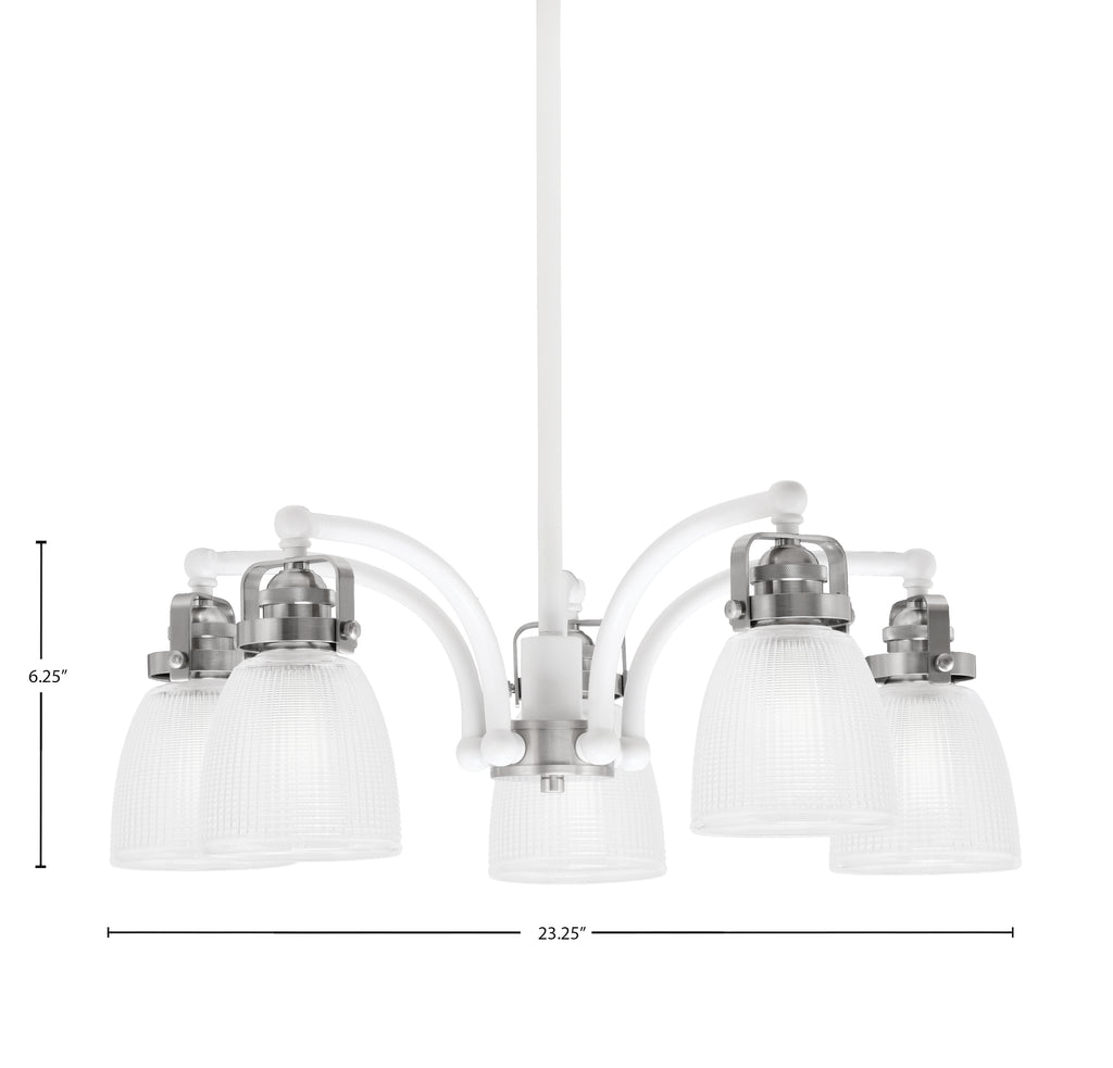 Easton Five Light Chandelier in White & Brushed Nickel with 5" Clear Ribbed Shade