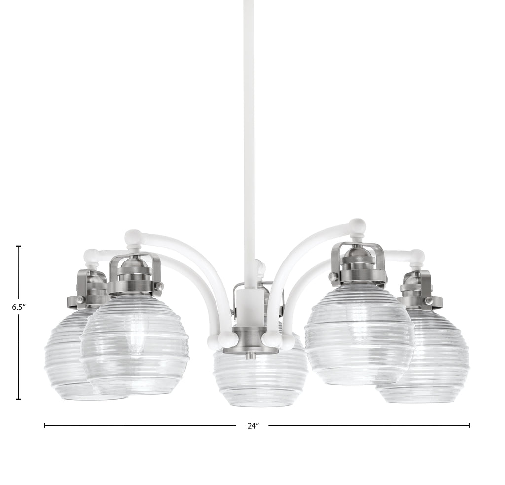 Easton Five Light Chandelier in White & Brushed Nickel with 6" Clear Ribbed Shade