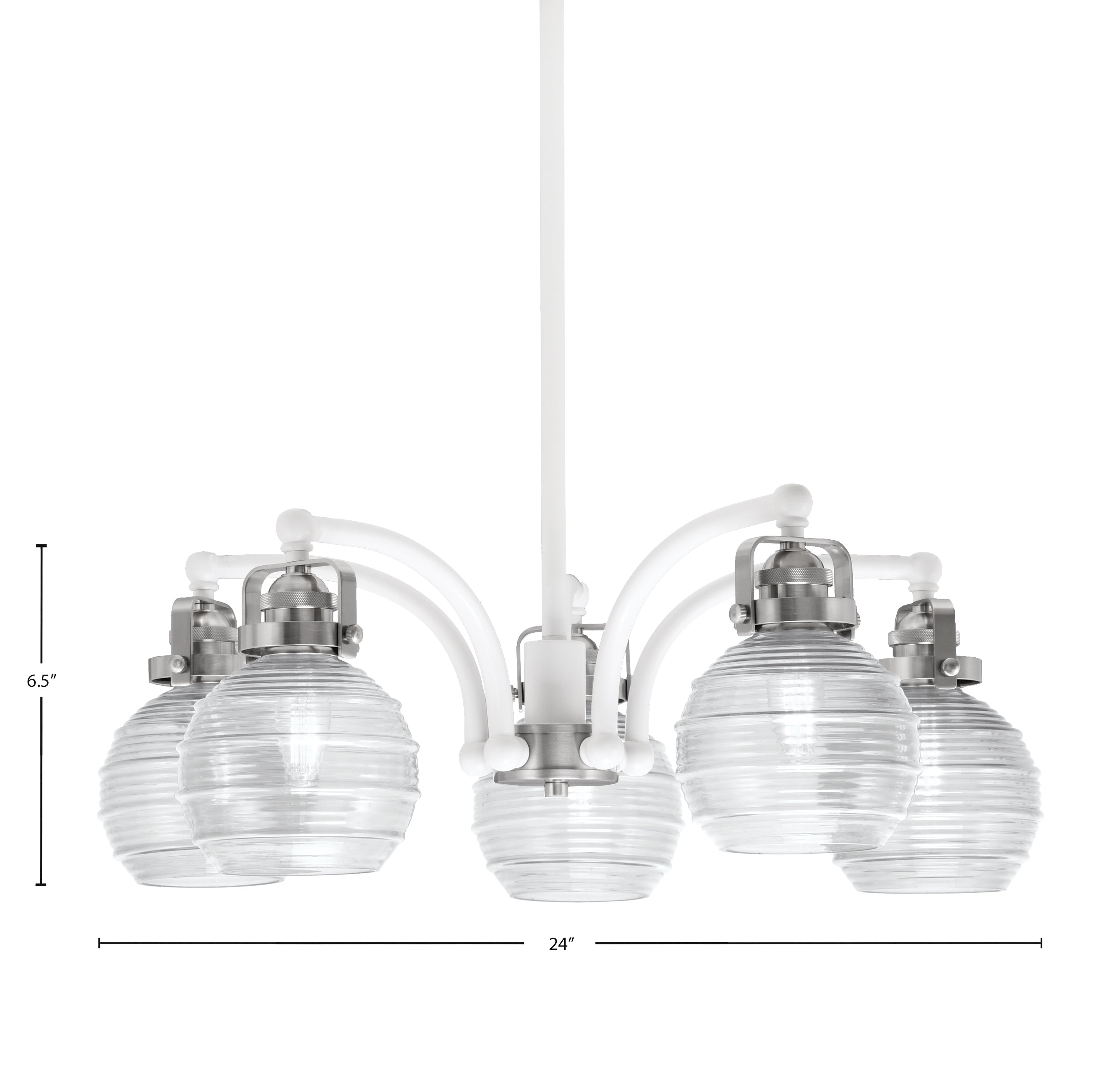 Easton Five Light Chandelier in White & Brushed Nickel with 6" Clear Ribbed Shade