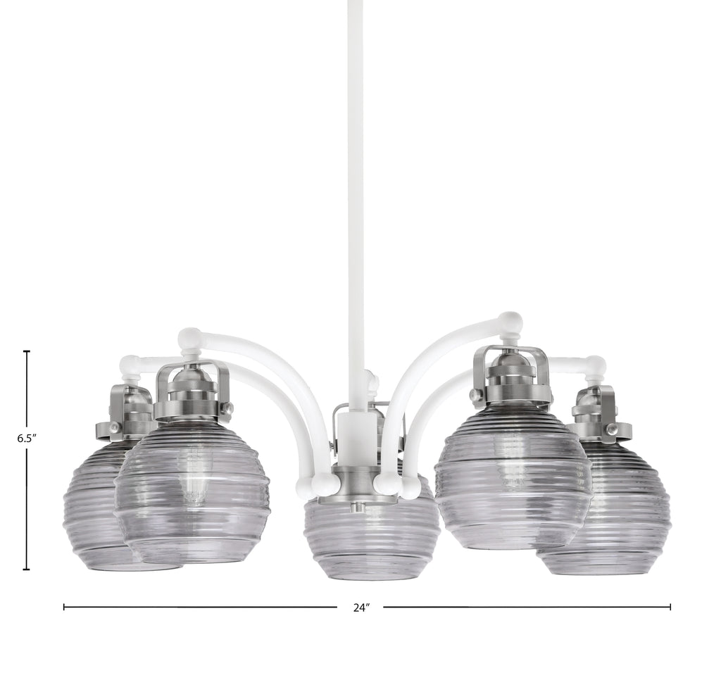 Easton Five Light Chandelier in White & Brushed Nickel with 6" Smoke Ribbed Shade