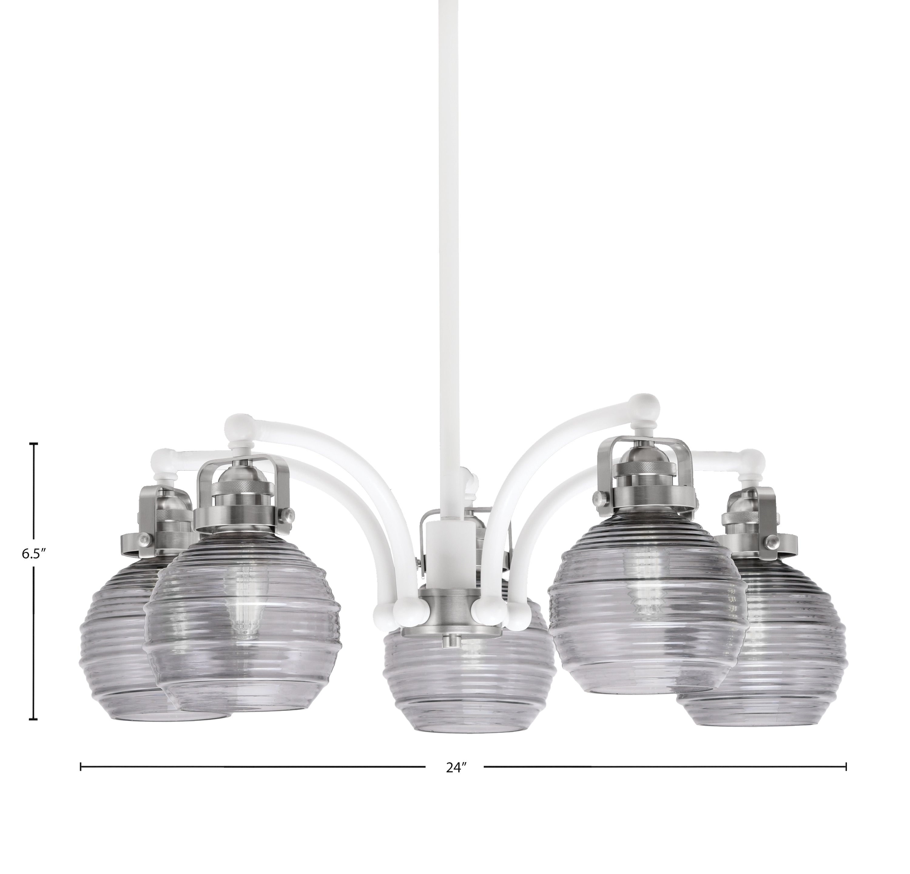 Easton Five Light Chandelier in White & Brushed Nickel with 6" Smoke Ribbed Shade