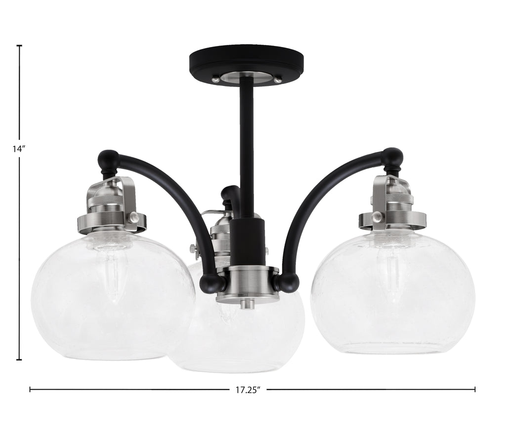 Easton Three Light Semi-Flush Mount in Matte Black & Brushed Nickel with 7" Clear Bubble Shade